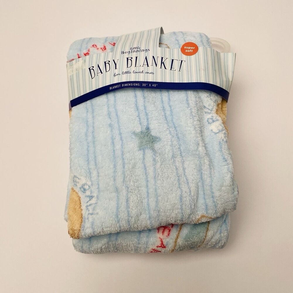 NWT Little Beginnings Plush Baseball Theme Fleece Baby Blanket Blue Pinstripe